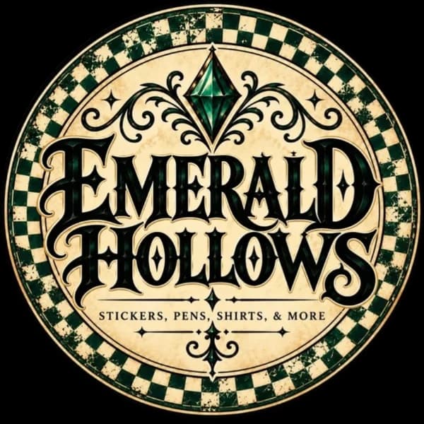 The Emerald Hollows badge: the name in blackletter under an emerald gem, on parchment inside a green checkerboard ring. Stickers, pens, shirts and more.